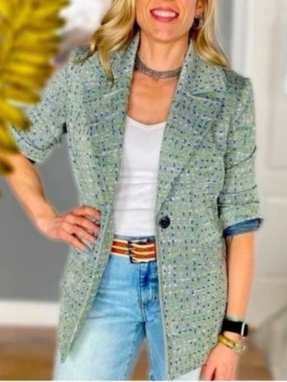 Cabi Green Tweed Knit Presentation Blazer Jacket - Casual Chic